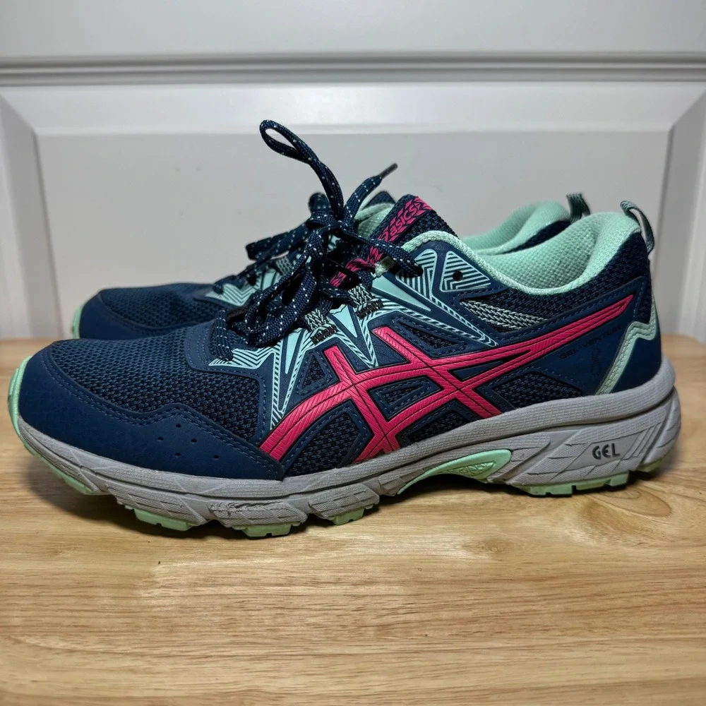 ASICS Gel-Venture 8 Women Navy Pink Mint Trail Running Shoes 1012B230 Size 8.5